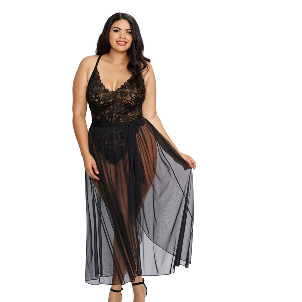 Dreamgirl Plus-Size Stretch Lace Teddy & Sheer Mesh Maxi Skirt With Adjustable Straps & G-String Black Queen 1X Hanging